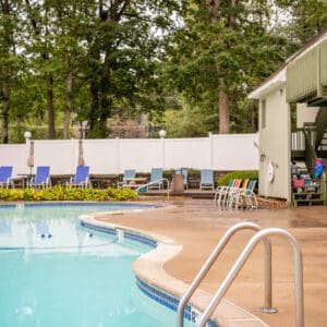 Outdoor pool with chairs and surrounding trees.