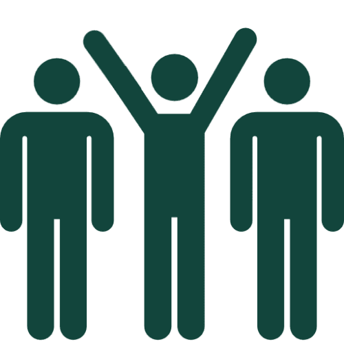 Three stick figures, middle one cheering.